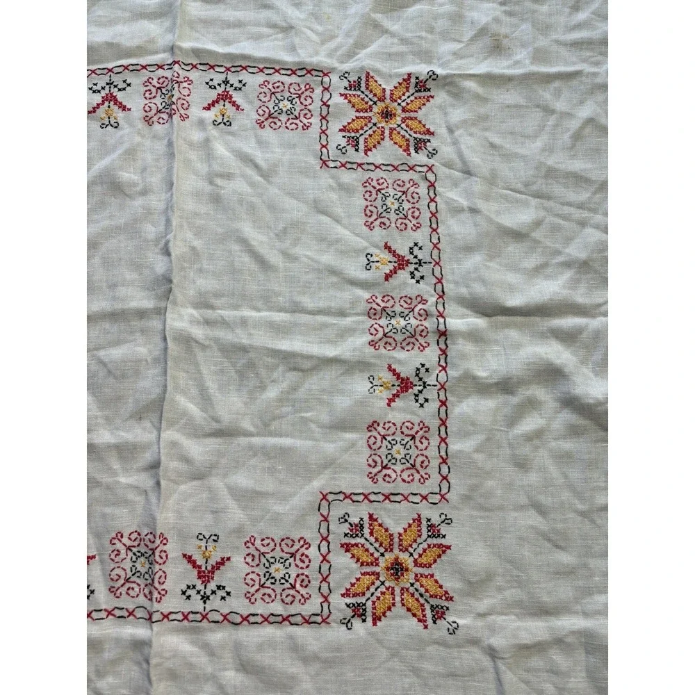 Vintage Floral Cross Stitch Tablecloth Red Black Yellow Tulip 47 x 47 MCM READ